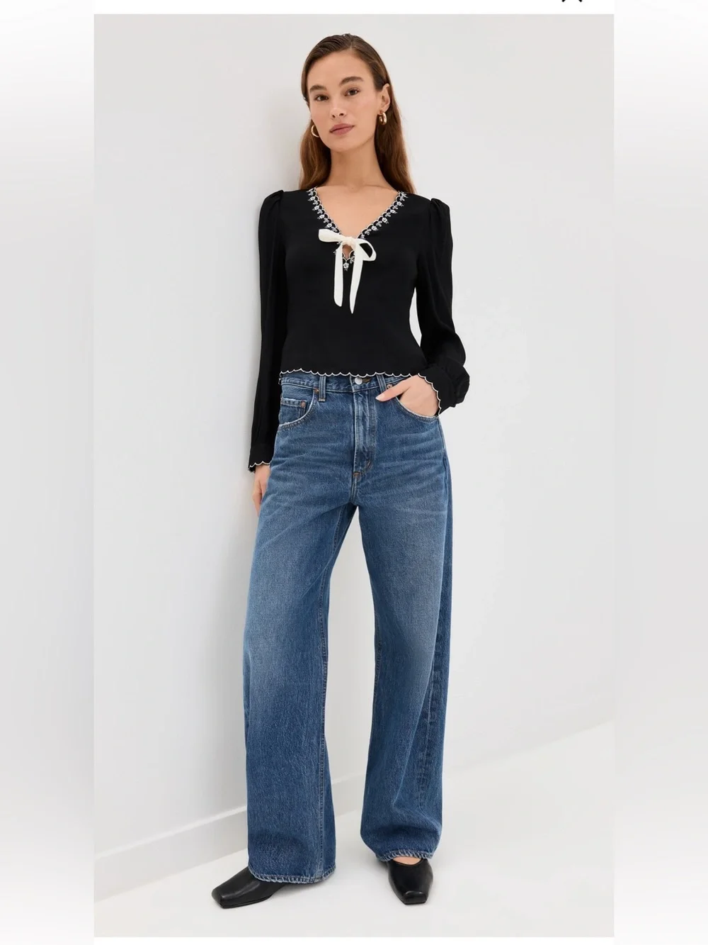 Reformation Vivia , Black V-Neck Long Sleeve Top with Cream Tie - size 2